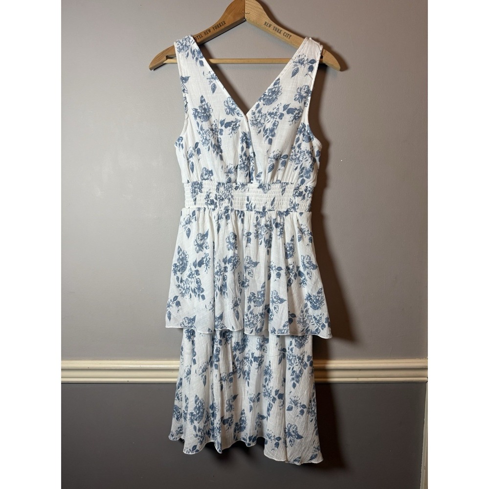 J Gee Blue Ruffle Tiered Midi‎ Dress Size Small Floral Peasant Cute